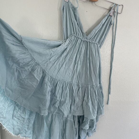 Dusty Blue Boho Ruffle Tiered High Low Sleeveless Maxi Festival Tank Halter Top - Picture 2 of 5